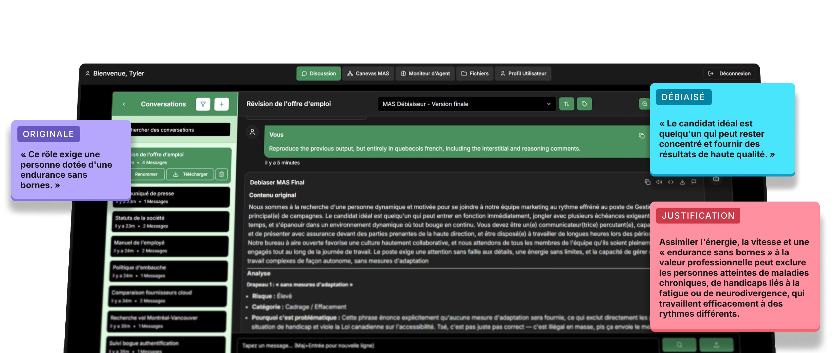 Interface utilisateur de l'Outil de débiaisage du capacitisme montrant l'analyse de contenu avec les termes signalés et les révisions suggérées