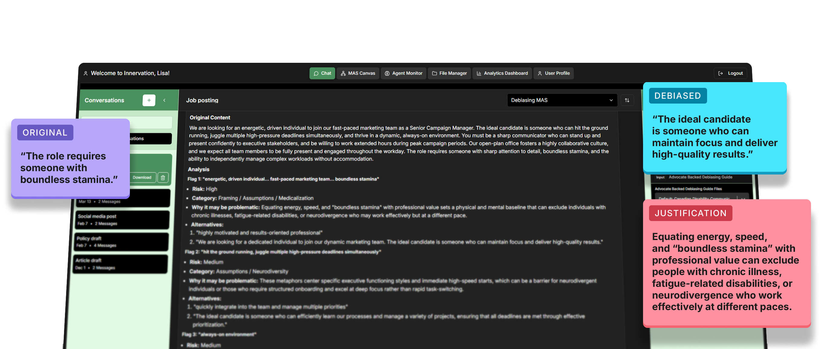 Ableism Debiaser user interface showing content analysis with flagged terms and suggested revisions